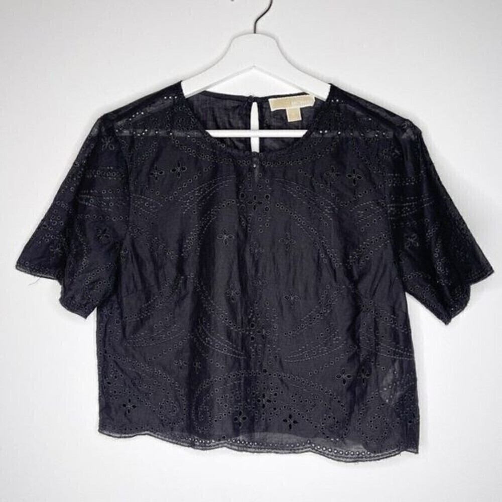MICHAEL KORS Eyelet Crop Black Top 